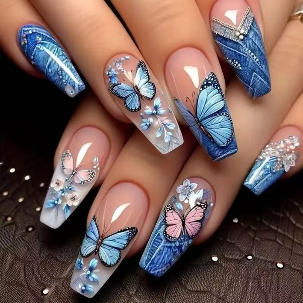 Nail Art Denim - 24pcs Spring Butterfly Press On Nails