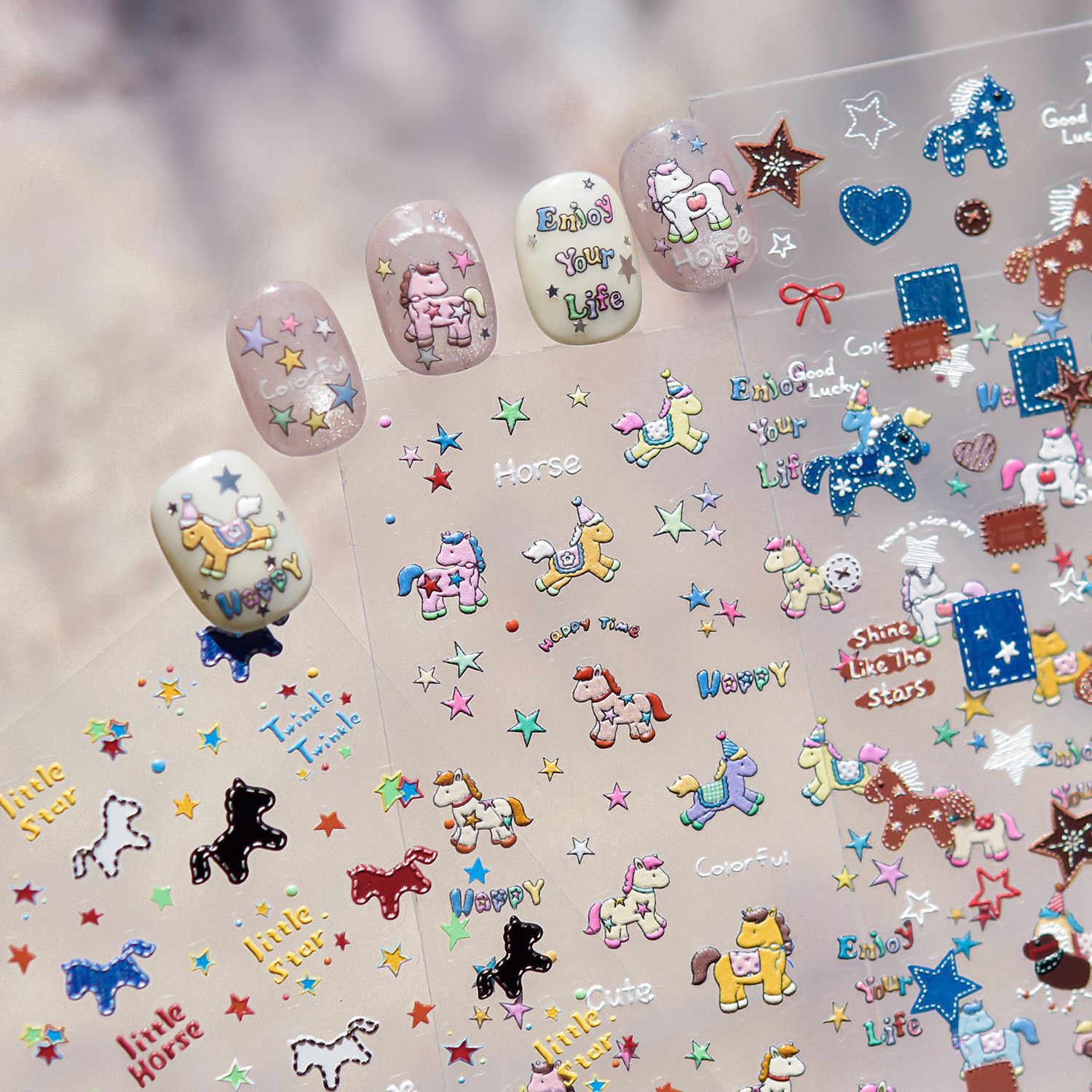 Nail Art Denim - Retro Denim Pony Horse Patchwork Pentagram